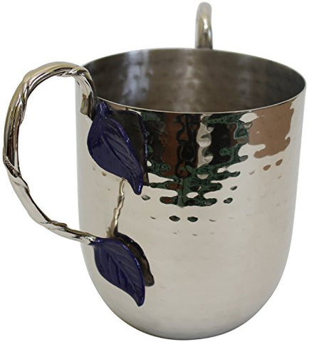Ultimate Judaica Holister Washing Cup Hammered Stainless Steel With Silver Handles & Bue Leaf - 5 inch  X 4.5 inch 