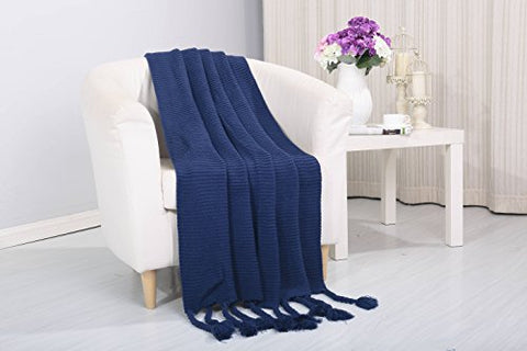 Tejido Collection Classic Woven Knitted Throw Blanket with Fringes (50 inch  x 60 inch ) - Navy