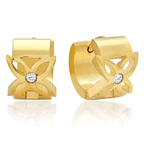 Swarovski Elements Lady's 18K Gold Plated Stainless Steel Huggie Earrings with Flower Accent