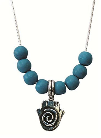 Silver Hamsa Swirl Amulet Necklace With Turquoise Beads - Chain 16 inch  Pendant 5/16 inch  W X 7/16 inch  H