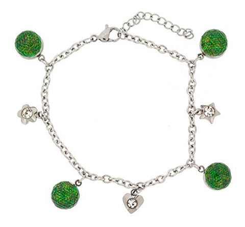 Ben and Jonah Stainless Steel Bracelet with Green Balls and Charms with Extension