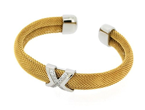 Ben and Jonah Stainless Steel Ladies Fancy Mesh Cuff Bracelet with X and Stones Design Gold Plated