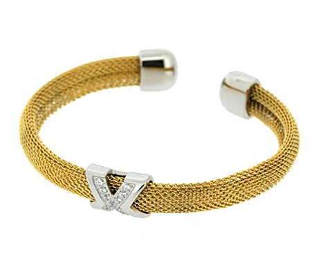 Ben and Jonah Stainless Steel Ladies Fancy Mesh Cuff Bracelet with X and Stones Design Gold Plated