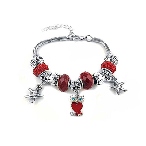 Ben & Jonah Stainless Steel Murano Beads and Charm Bracelet with Owl and Seastars (Adjustable Length 7.5 inch -9.25 inch )
