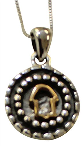 Silver Circle Necklace with Interior Gold Plated Hamsa Amulet - Chain 18 inch  Pendant 1/2 inch  D