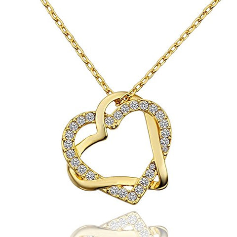 Lady's Brass Gold Plated Intertwined Heart Pendant Necklace with Clear Swarovski Elements Stones (45cm + 5cm Extension)