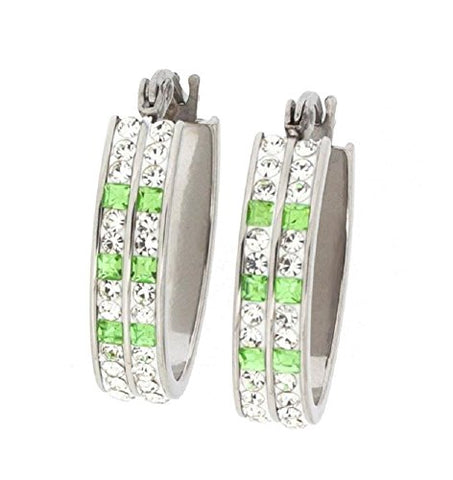 Ben and Jonah Stainless Steel Fancy Hoop Earring with Complete Clear Stone Coverage with 6 Light Green Stones