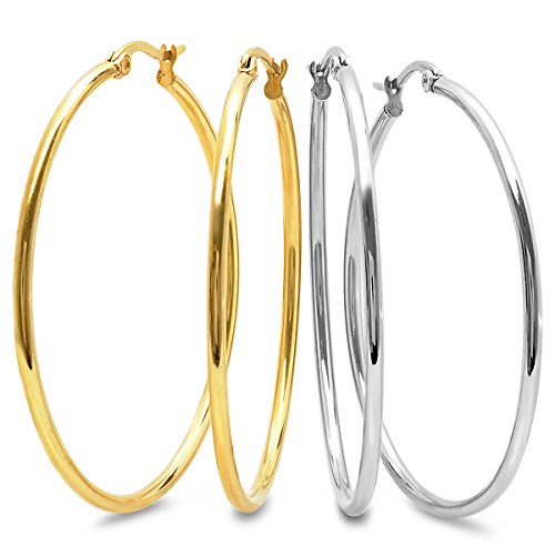 Ben and Jonah SET OF 2 Stainless Steel and 18KT Gold Plated 50MM Hoop Earrings