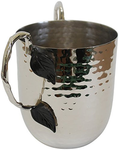 Ultimate Judaica Holister Washing Cup Hammered Stainless Steel With Silver Handles & Black Leaf - 5 inch  X 4.5 inch 