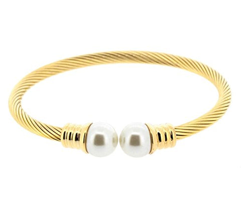 Ben and Jonah Stainless Steel Ladies Fancy Cuff Gold Tone Bracelet with Faux Pearls at Ends