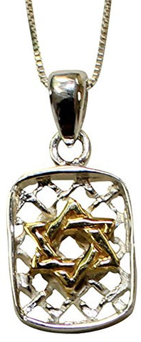 Silver Star of David Dog Tag Necklace With Gold Plating - Chain 18 inch  Pendant 5/8 inch  H Â 3/8 inch  W