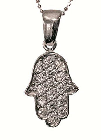 Silver Hamsa Amulet Necklace Encrusted with CZ - Chain 16 inch  Pendant 7/16 inch  W X 5/8 inch  H