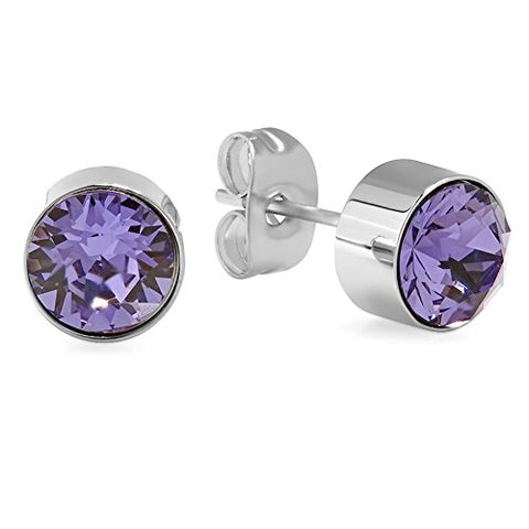 Lady's Stainless Steel 7mm Purple Swarovski Elements Stud Earrings