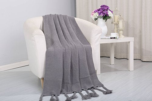Tejido Collection Classic Woven Knitted Throw Blanket with Fringes (50 inch  x 60 inch ) - Grey