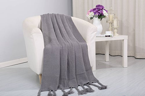 Tejido Collection Classic Woven Knitted Throw Blanket with Fringes (50 inch  x 60 inch ) - Grey