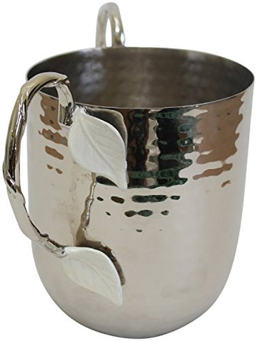 Ultimate Judaica Holister Washing Cup Hammered Stainless Steel With Silver Handles & White Leaf- 5 inch  X 4.5 inch 