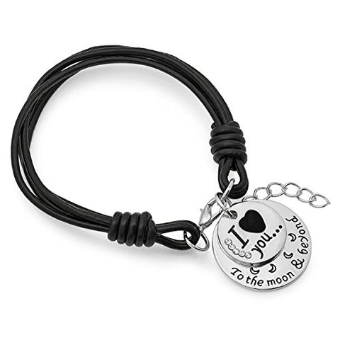 Lady's Black Genuine Leather Bracelet with Swarovski Elements 'I Love You To The Moon and Beyond' Metallic Charm.