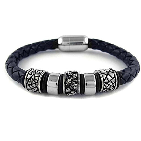 Ben & Jonah Braided Black Faux Leather and Stainless Steel Bracelet with Stainless Steel Skulls Gothic Beads and Magnetic Lock (8.5 inch  L)