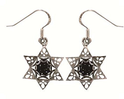 Silver Star Of David Earrings With Garnet - Star 6/8 inch  X 6/8 inch 