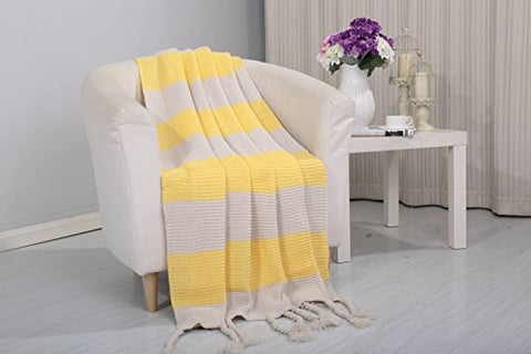 Tejido Collection Classic Woven Knitted 2-Tone Throw Blanket with Fringes (50 inch  x 60 inch ) - Yellow/White