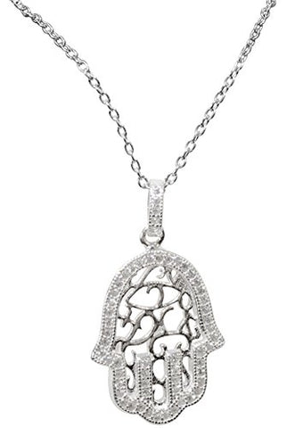 Silver Hamsa Necklace With Stones - Chain 18 inch  Pendant 1/2 inch W X 1 inch H