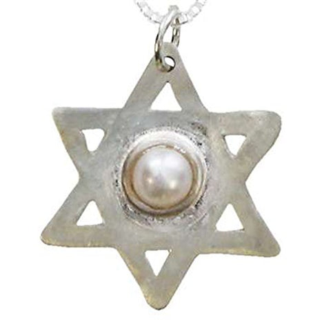 Silver Star Of David With Pearl - Chain 16 inch  Pendant 5/8 inch  W X 6/8 inch  H