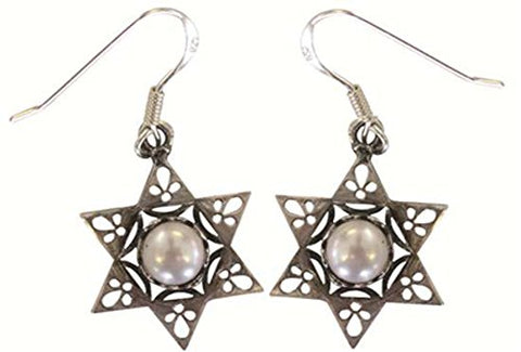 Silver Star Of David Earrings With Pearl - Star 6/8 inch  X 6/8 inch 
