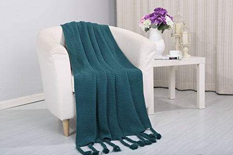 Tejido Collection Classic Woven Knitted Throw Blanket with Fringes (50 inch  x 60 inch ) - Teal