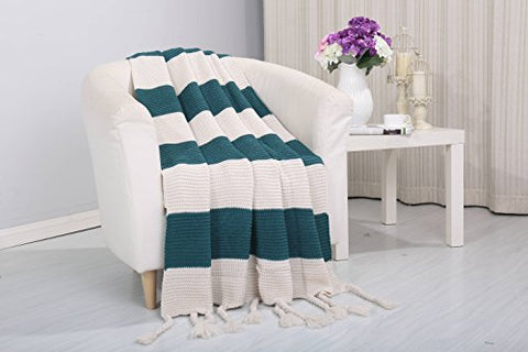 Tejido Collection Classic Woven Knitted 2-Tone Throw Blanket with Fringes (50 inch  x 60 inch ) - Teal/White