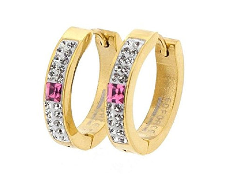 Ben and Jonah Stainless Steel Gold Plated Hoop Earring with Two Stone Columns and Big Square Pink Stone