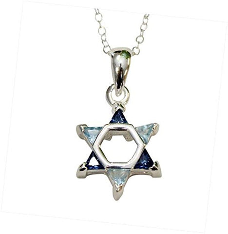 Silver Star of David with Multi Blue Â Color Stones Necklace - Chain 18 inch  Pendant 1/2 inch W X 1 inch H