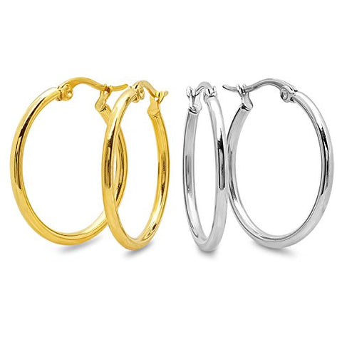 Ben and Jonah SET OF 2 Stainless Steel And 18KT Gold Plated 35MM Hoop Earrings