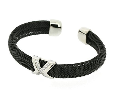 Ben and Jonah Stainless Steel Ladies Fancy Mesh Cuff Bracelet with X and Stones Design Black Plated