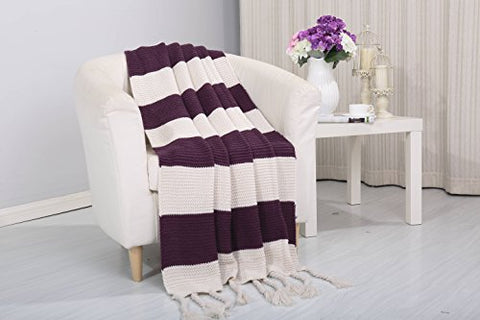 Tejido Collection Classic Woven Knitted 2-Tone Throw Blanket with Fringes (50 inch  x 60 inch ) - Purple/White