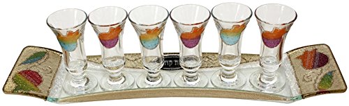 Cheers Collection Liquor Set with 6 Glasses And Tray Pomegranate - Rainbow - Tray 15 inch  X 3.5 inch  - Cup 3.75 inch H
