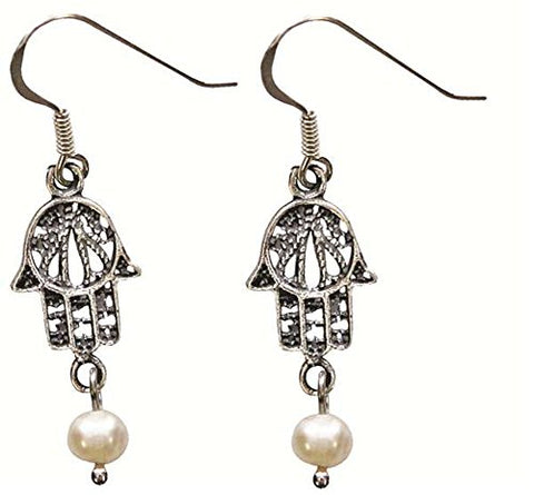 Vintage Silver Hamsa Amulet Earrings With Pearl - 7/16 inch  W X 15/16 inch  H
