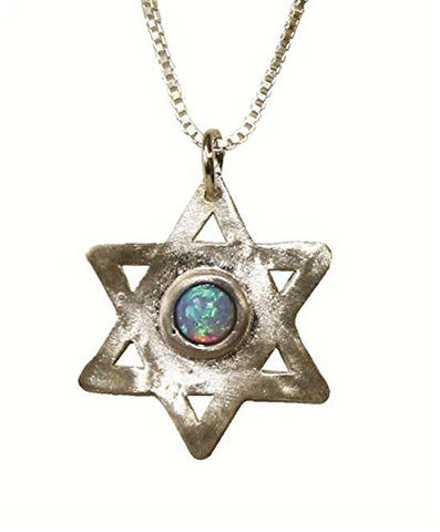 Silver Star Of David With Opal - Chain 16 inch  Pendant 5/8 inch  W X 6/8 inch  H
