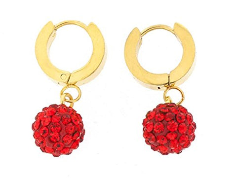 Ben and Jonah Stainless Steel Gold Plated Huggie Base Earring with Hanging Red Disco Ball with Red Stones
