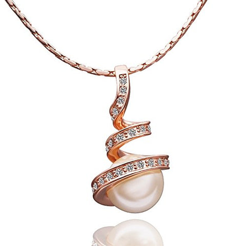 Lady's Brass Rose Gold Plated Stairway to Heaven Pendant Necklace with Clear Swarovski Elements Stones and Faux Pearl (45cm + 5cm Extension)