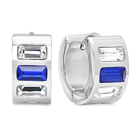Ben and Jonah Ladies Stainless Steel White and Blue Simulated Diamond Layered Huggies