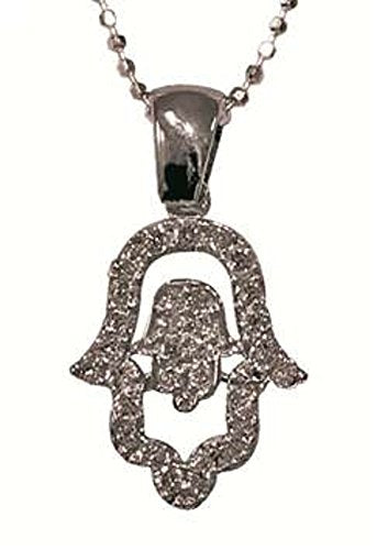 Silver Hamsa within a Hansa Amulet Necklace Encrusted with CZ - Chain 16 inch  Pendant 7/16 inch  W X 5/8 inch  H