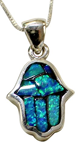 Modern Silver & Opal Hamsa Amulet Necklace - Chain 18 inch  Pendant 5/8 inch  H 1/2 inch  W