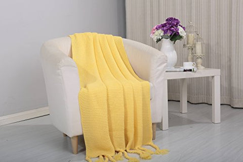 Tejido Collection Classic Woven Knitted Throw Blanket with Fringes (50 inch  x 60 inch ) - Yellow