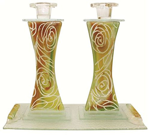 5th Avenue Collection Candlesticks With Tray Clear Design - Roses - Tray 11 inch  W x 4.5 inch  L Candlesticks 3 inch  W x 9 inch  H