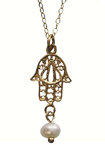 Vintage Gold Plated Silver Hamsa Amulet NecklaceB4:B26 With Pearl - Chain 16 inch  Pendant 7/16 inch  W X 15/16 inch  H