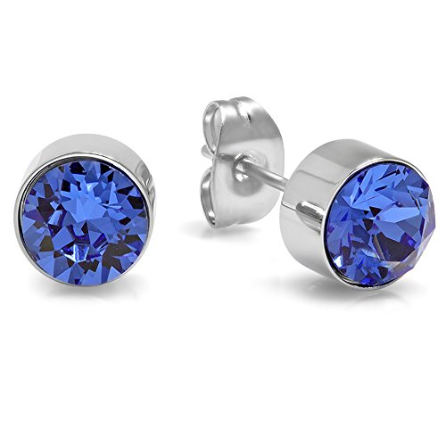 Lady's Stainless Steel 7mm Blue Swarovski Elements Stud Earrings