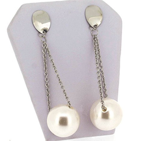 Ben and Jonah Stainless Steel and Faux Pearl Ball and Chain Stud Earring - Chain Goes Through Faux Pearl