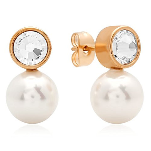 Lady's 18K Rose Gold Plated Stainless Steel Swarovski Elements Stud Earrings with Simulated Pearl
