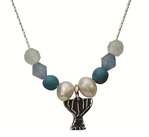 Silver Menora Necklace With Pearl Ocean And Turquoise - Chain 16 inch  Pendant 2/8 inch  X 2/8 inch 