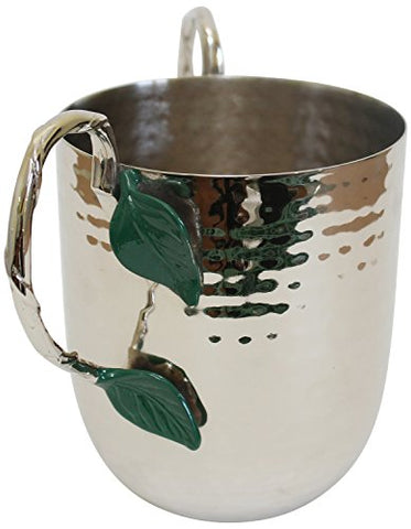 Ultimate Judaica Holister Washing Cup Hammered Stainless Steel With Silver Handles & Green Leaf - 5 inch  X 4.5 inch 